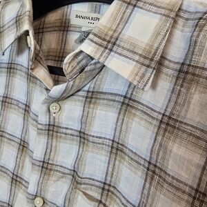 Vintage Y2k 100% Linen Brown Plaid Button-up Shirt XL Resortwear Beach Vacation